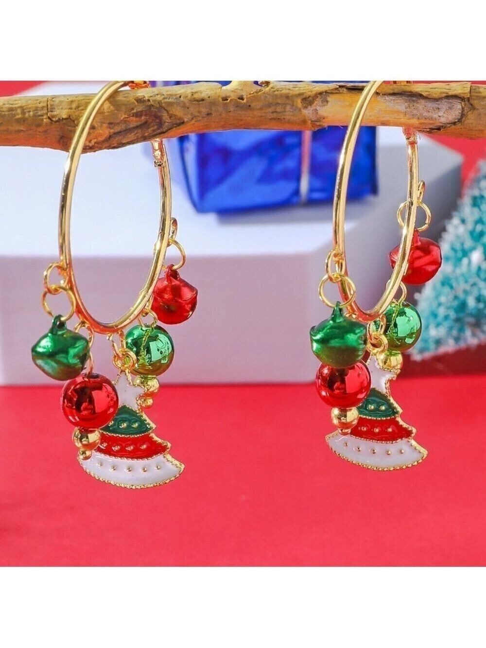 Christmas Themed Multi Charm Hoop Earrings, Bell and Christmas Tree Design